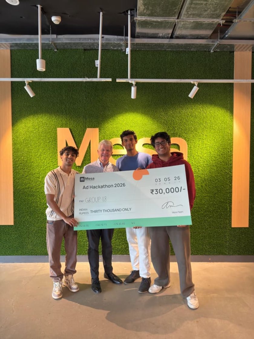 Nimitt and his three-person team holding the Rs. 30,000 winner's cheque at Ad Hackathon 2026